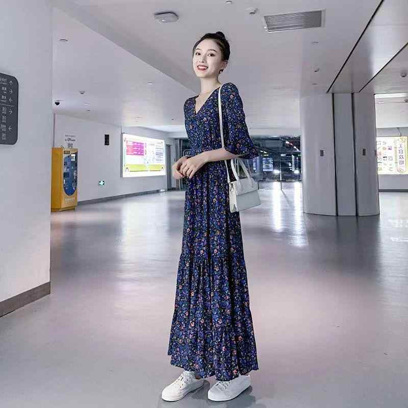 乐天商城 - ワンピース レディース 韓国風 花柄 Aライン Vネック 五分袖 ロングワンピース ポリエステル 桔梗柄 森ガール 高腰 ギャザー 通勤