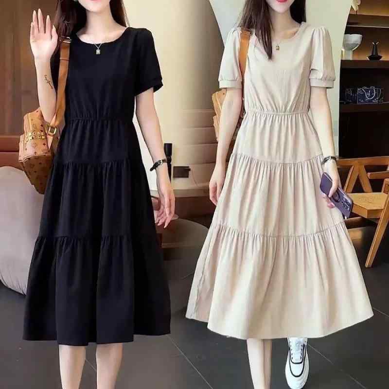 ワンピース レディース A字スカート 半袖 膝丈 ポリエステル ラウンドネック プリーツ 切り替え ホワイト 白 ブラック 黒 レッド 赤 ゆったりサイズ XL 2XL 3XL 4XL 5XL