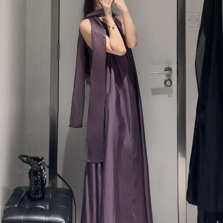 ワンピース レディース 韓国風 Aライン ノースリーブ 膝下丈 ポリエステル 高見え 無地 きれいめ エレガント お呼ばれ パーティー 春夏 栗子ブラウン ブラック ゴールド ブラウン ローランパープル