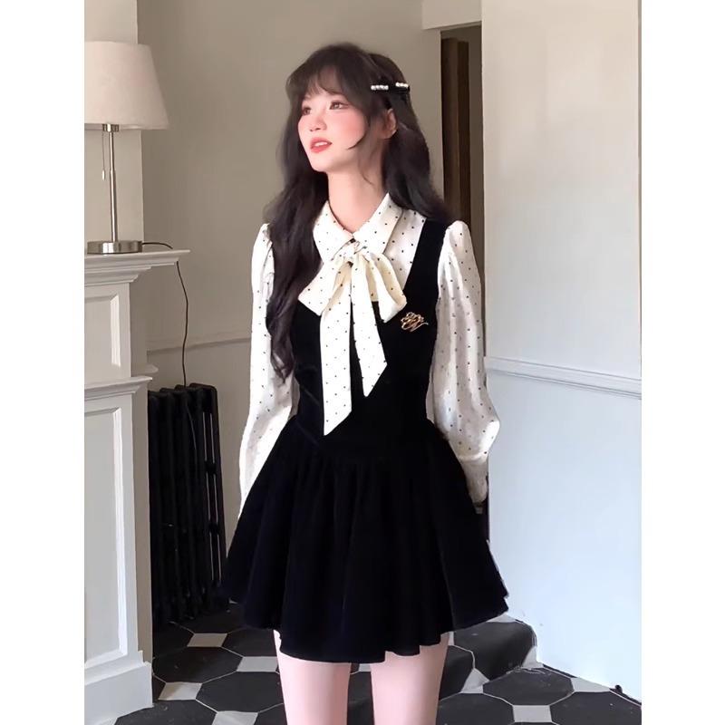 ワンピース レディース 韓国風 A字スカート ドット柄 蝶結び 接触冷感 ポリエステル 高腰 Vネック 半袖 ミニワンピース 膝上丈 ブラック フェミニン かわいい ガーリー