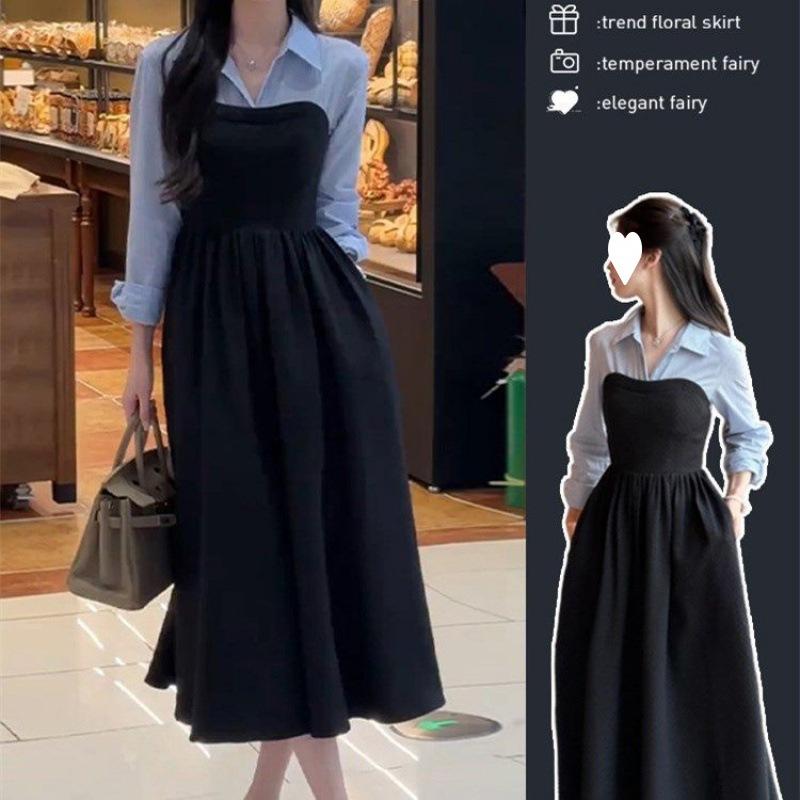 ワンピース レディース 大きいサイズ 長袖 Aライン 膝丈 ミドル丈 異素材切り替え ブラック モード系 きれいめ 高見え