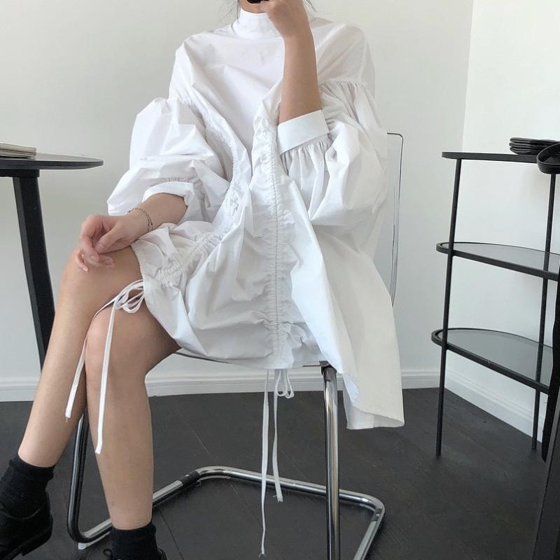 ワンピース レディース 春秋 切り替え 不規則 立襟 長袖 膝丈 チュニック ギャザー ゆったり かわいい ブラック ホワイト コットン
