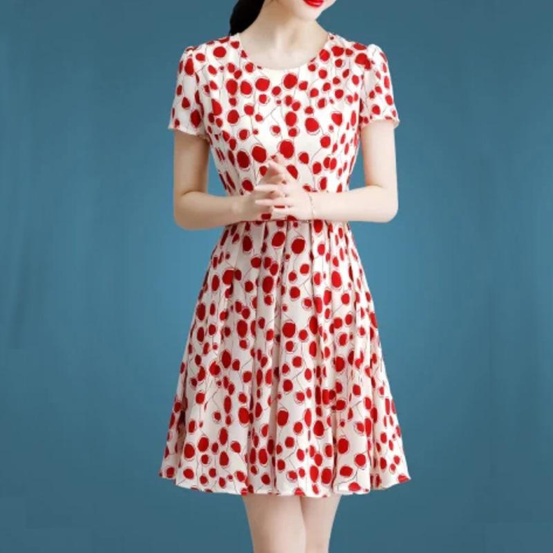 ワンピース レディース 春夏 半袖 水玉模様 花柄 ミディ丈 高見え 大 裾 Aライン ゆったり ラウンドネック ポリエステル フェミニン 通勤 エレガント M L XL 2XL 3XL