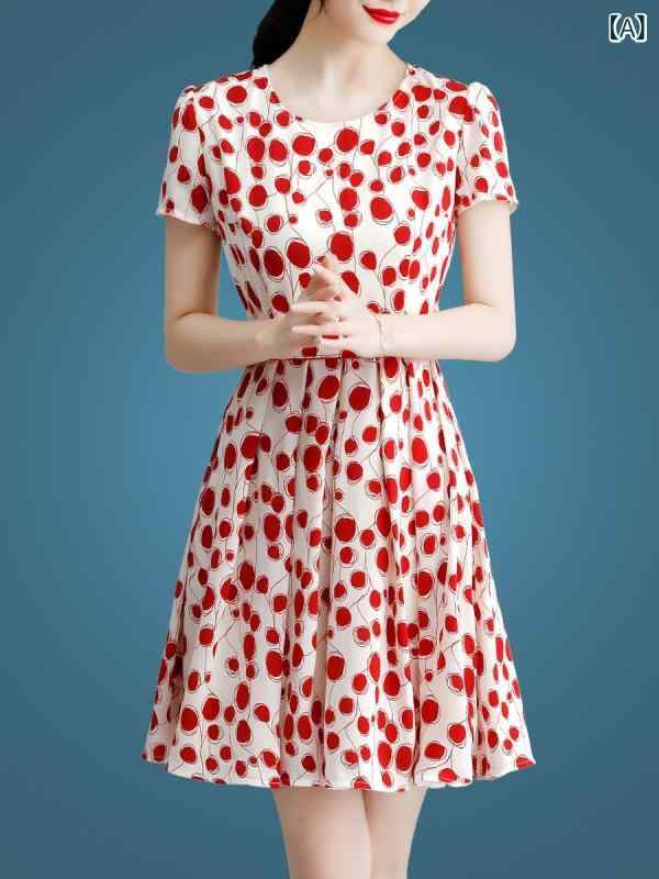 ワンピース レディース 春夏 半袖 水玉模様 花柄 ミディ丈 高見え 大 裾 Aライン ゆったり ラウンドネック ポリエステル フェミニン 通勤 エレガント M L XL 2XL 3XL