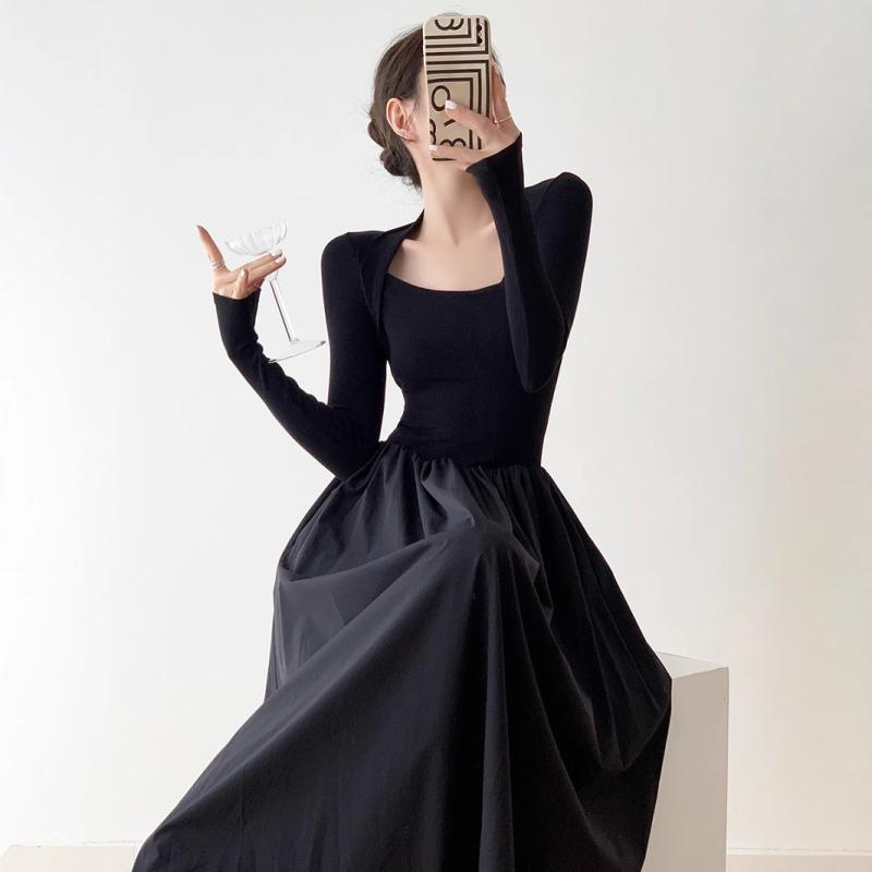 ワンピース レディース 秋冬 長袖 ニット ロングワンピース スクエアネック スリム ブラック ポリエステル繊維 韓国風 レトロ かわいい 公主袖
