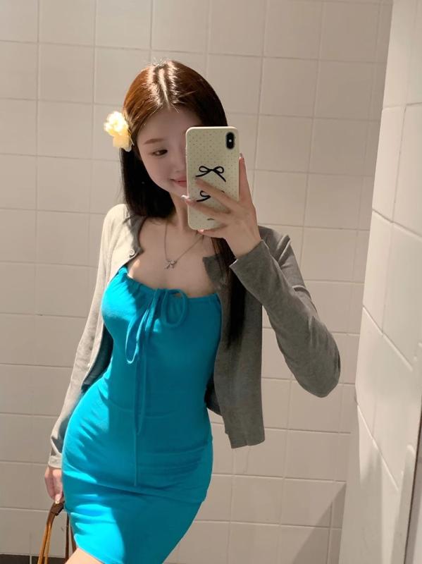 ワンピース レディース 高腰 紐 Uネック ノースリーブ ミニワンピース タイトスカート 接触冷感 伸縮性 湖藍色 イエロー 普段使い