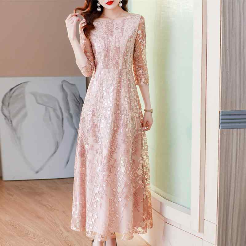 ワンピース レディース ピンク色 フォーマルドレス レース 刺繍 Aライン 結婚式 パーティードレス 七分袖 膝下丈 ポリエステル エレガント フェミニン