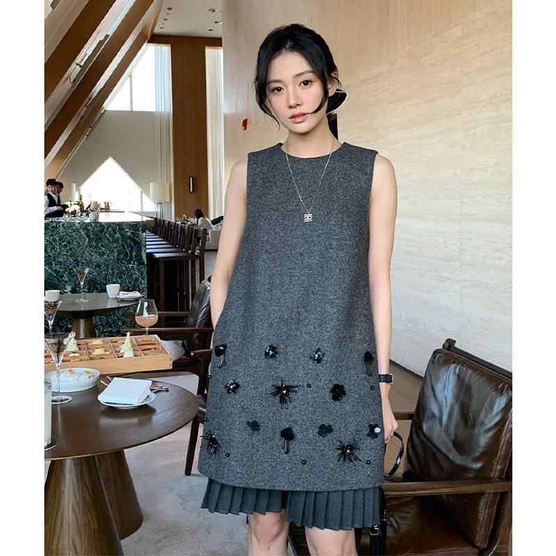 ワンピース レディース ウール混紡 ノースリーブ ジャンパースカート 膝丈 ひざ丈 Aライン フレアスカート 高見え エレガント 通勤