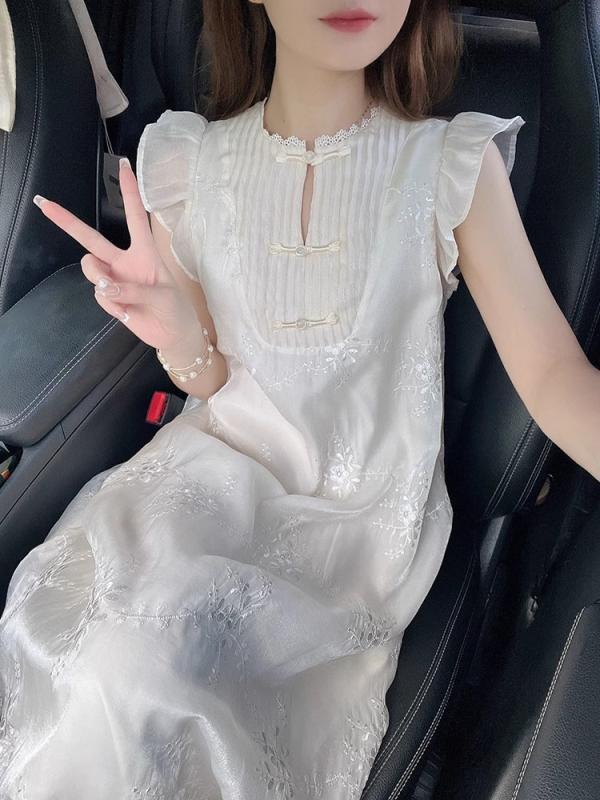 ワンピース レディース 刺繍 Vネック 中長丈 仙女裙 フェアリースタイル ポリエステル エレガント ミモレ丈ワンピース パーティードレス 米白色