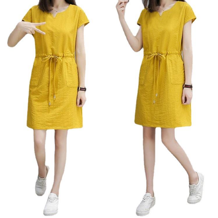 ワンピース レディース 半袖 Aライン 膝丈 無地 ポリエステル Vネック ウエストリボン ゆったり 通勤 黄色 ブルー