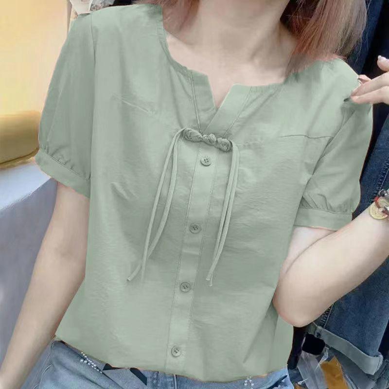 シャツ レディース 半袖 チャイナボタン ブラウス 綿 100％ ゆったり トップス 春夏 ピンク系 ブルー 無地 スタイル