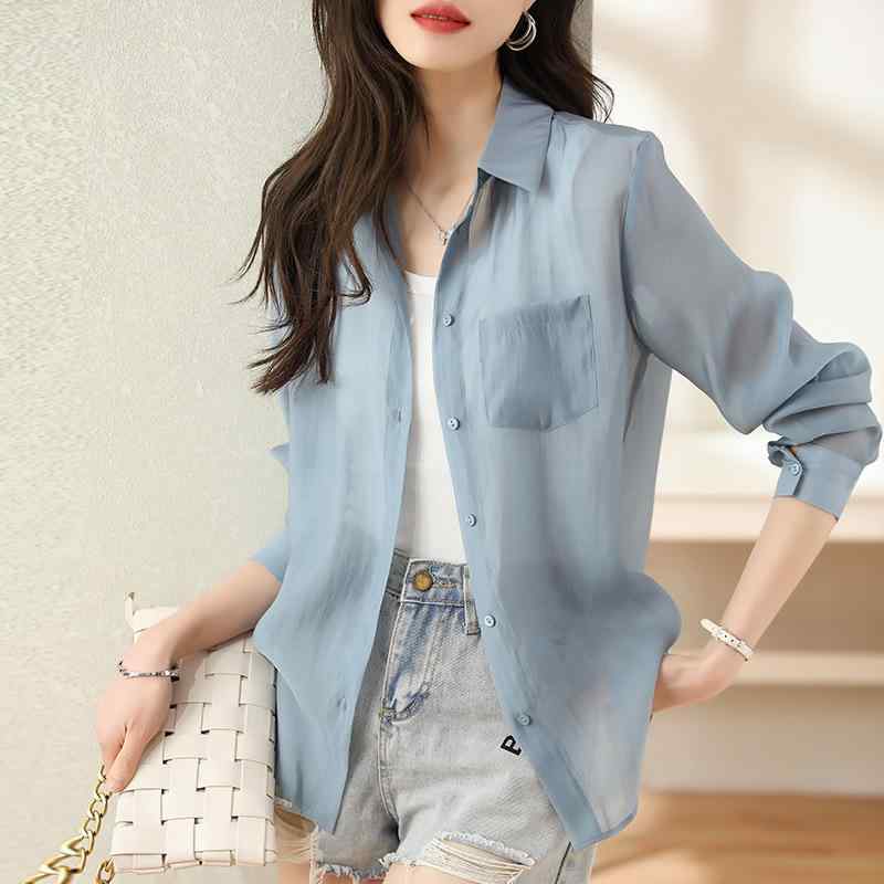 シャツ レディース 長袖 ブラウス 韓国風 ポリエステル 無地 配色 ボタン 襟付き トップス 白 ホワイト 青 ブルー S M L XL 2XL ゆったり 宽松 文芸 复古 法式