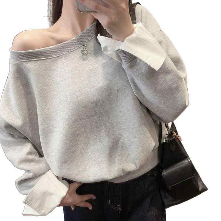 スウェット レディース 早秋 ショート丈 長袖 ドロップショルダー ゆったり トップス ラウンドネック カジュアル スポーティー 薄手 ブラック グレー 無地