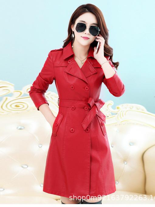 レザーコート レディース 春秋 韓国風 ウエストマーク Aライン Vネック ロング丈 PUレザー ブラック レッド ワインレッド XS S M L XL XXL