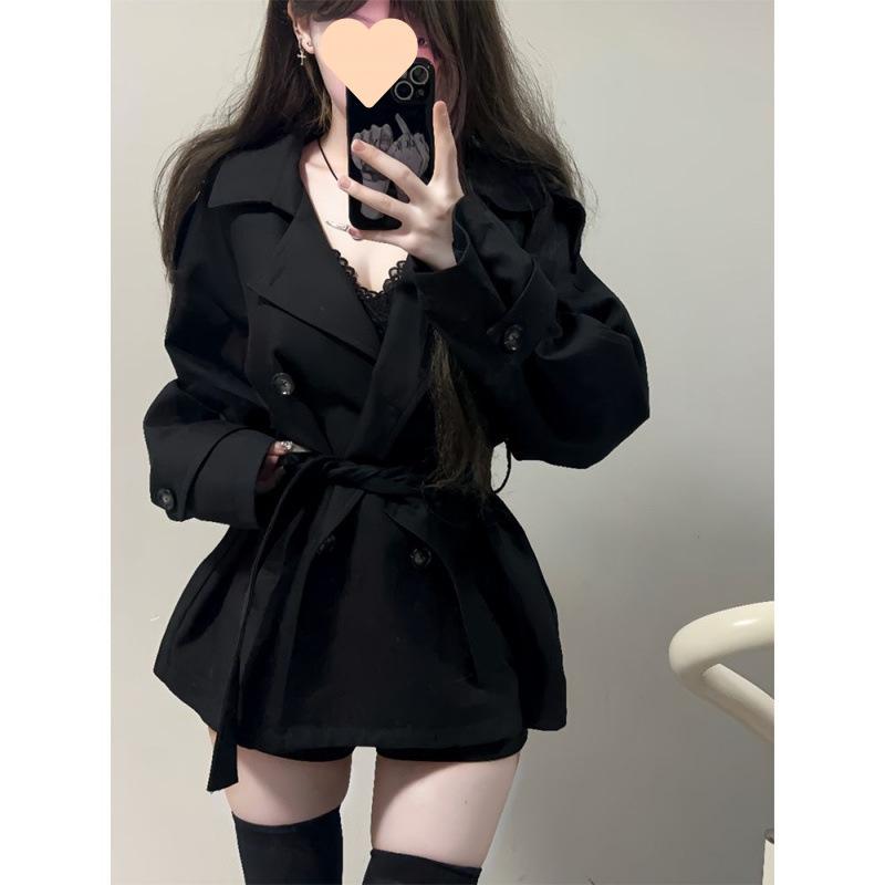 トレンチコート レディース 秋冬 ショート丈 黒 ダブルブレスト Aライン ウエストシェイプ エレガント モードスタイル