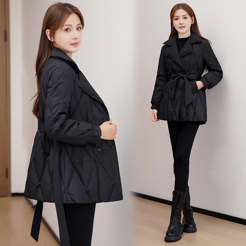 綿入りコート レディース 中綿コート ブラック ポリエステル ウエストリボン付き 細見えデザイン