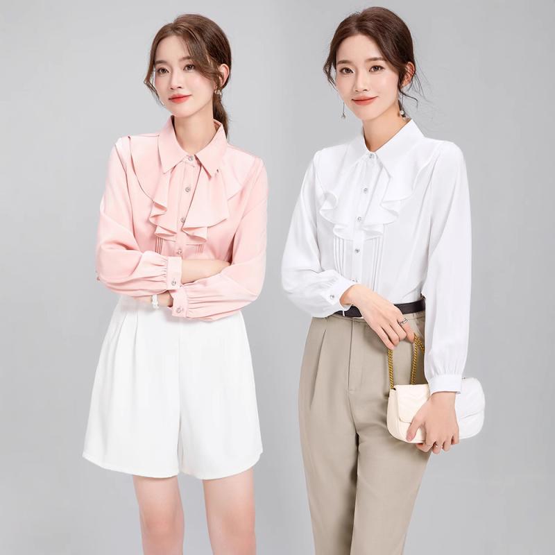 シャツ レディース 長袖 ピンク ホワイト 春秋 襟付き ブラウス トップス オフィス カジュアル きれいめ 無地 普段使い ポリエステル