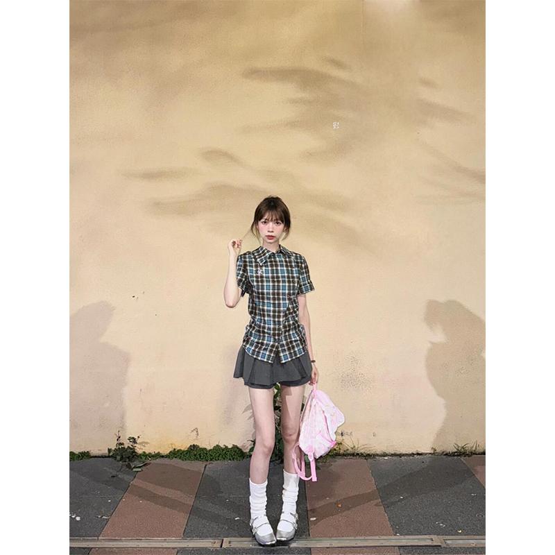 シャツ レディース 格子柄 半袖 POLO襟 ブラウス トップス 通勤 オフィス カジュアル スタイル ポリエステル 綿 春夏