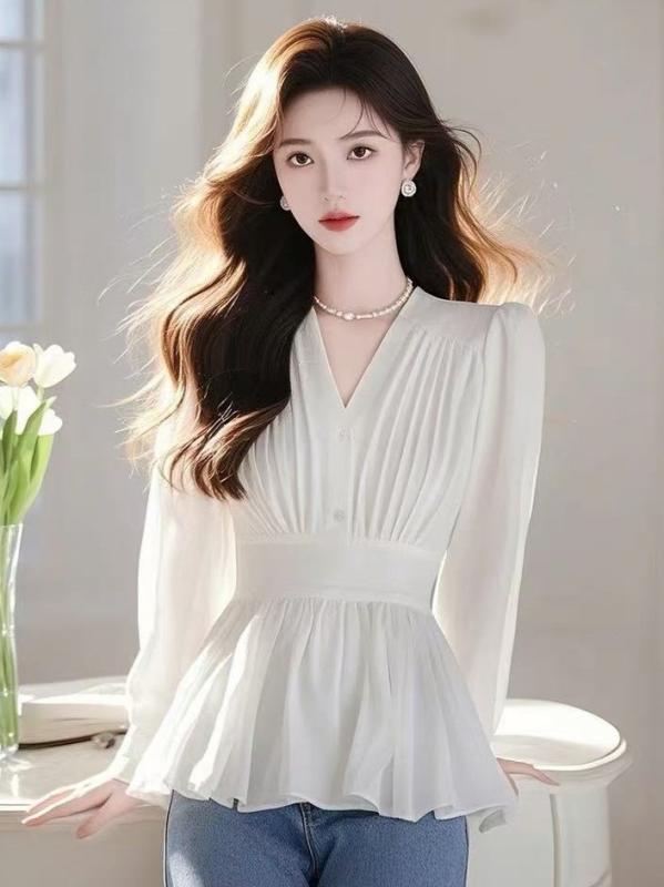 シャツ レディース 春秋 韓国風 Vネック 長袖 トップス おしゃれ きれいめ ポリエステル エレガント スタイル 通勤 オフィス デート