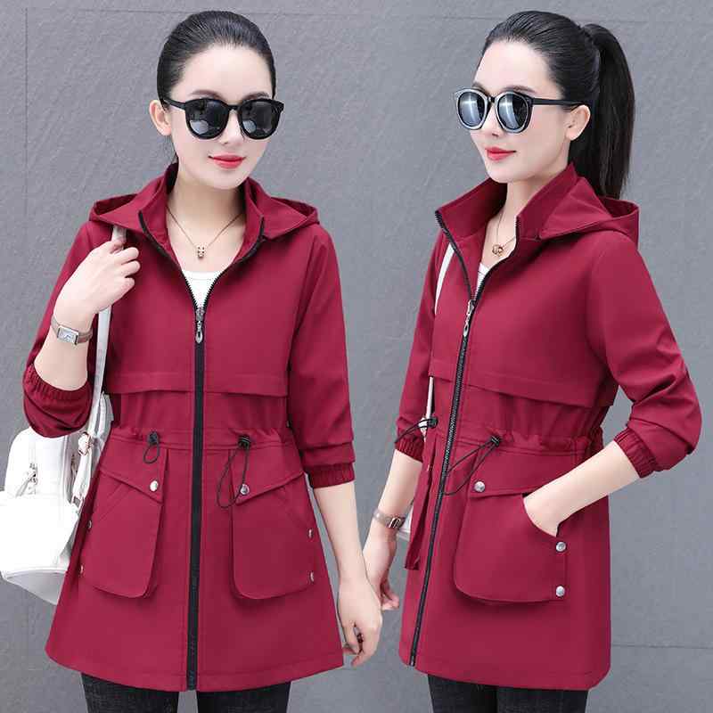 トレンチコート レディース 中長丈 アウター フード付き ポリエステル ゆったり 春秋 カジュアル 韓国風 赤 ベージュ 紫 ブラウン M L XL 2XL 3XL 4XL 5XL