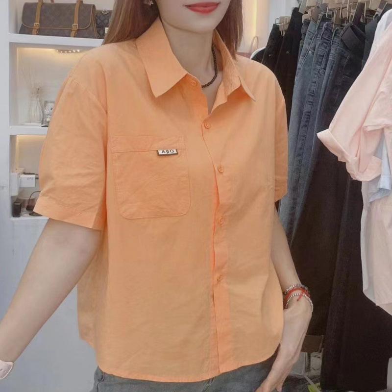 シャツ レディース コットン 半袖 ウエストシェイプ ブラウス ポケット付き ポロ襟 襟付き 前開き カーディガン ゆったり 体型カバー ピンク系 ホワイト オレンジ 淡色 春夏