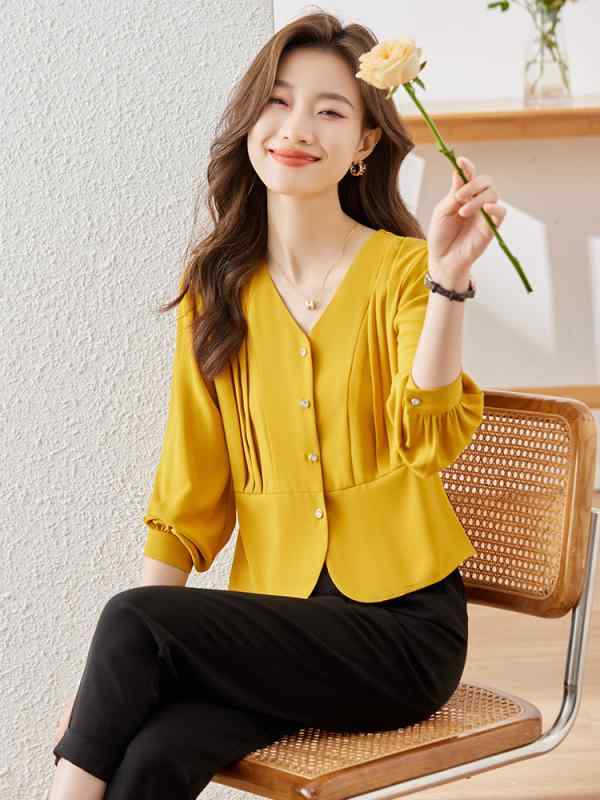 シャツ レディース Vネック 長袖ブラウス シフォン トップス ポリエステル 黄色 ホワイト 無地 OL オフィススタイル 通勤 ゆったり かわいい