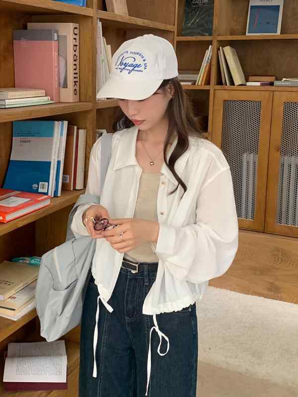 シャツ レディース 韓国風 デザイン ドローストリング ウエスト 通勤 無地 コットン カーディガン トップス 長袖 カ key キ ピンク ホワイト