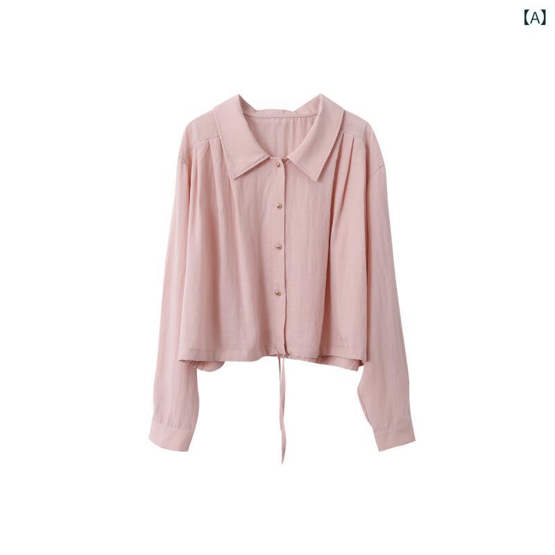 シャツ レディース 韓国風 デザイン ドローストリング ウエスト 通勤 無地 コットン カーディガン トップス 長袖 カ key キ ピンク ホワイト 2