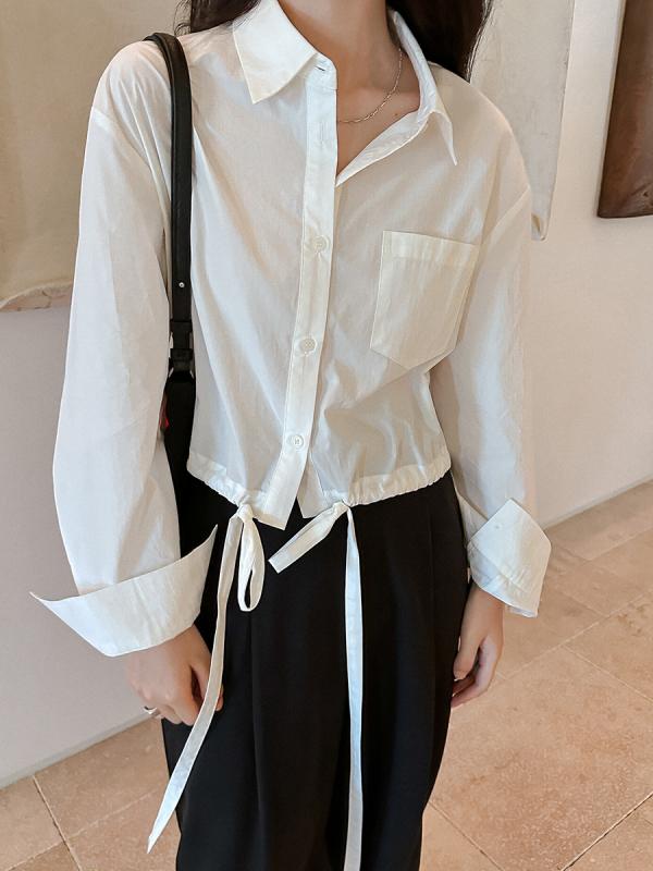 シャツ レディース 韓国風 シンプル 無地 ウエストリボン 絞り 長袖 コットン トップス ブラウス ライトグレー