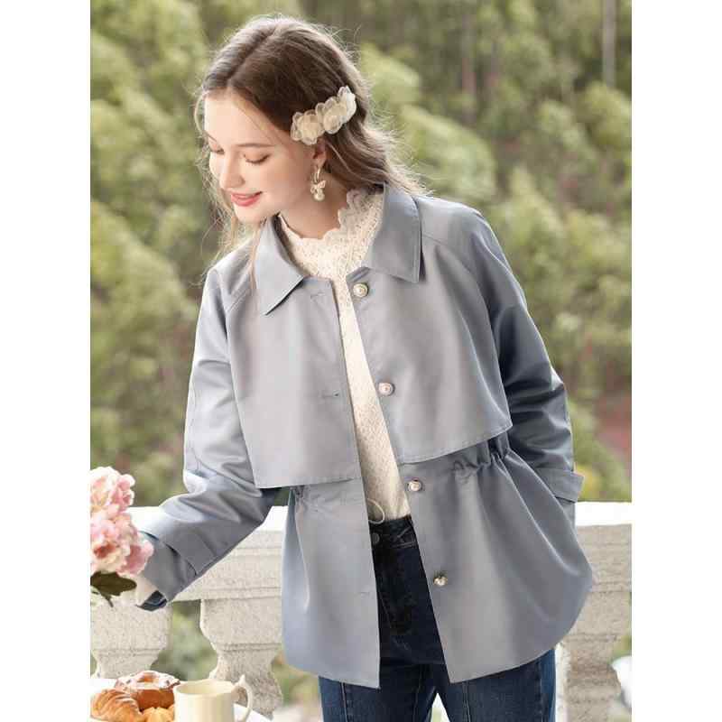 トレンチコート レディース フレンチブリティッシュスタイル ブルー系 ミドル丈 ポリエステル ウエストマーク Aライン きれいめ 通勤