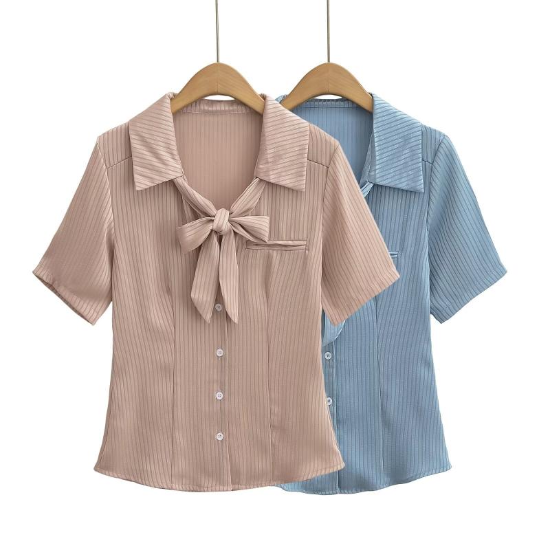 シャツ レディース 半袖 ストライプ柄 襟付き ピンク系 スリム ショート丈 ポリエステル 開襟トップス 欧美風 ストリート カジュアル