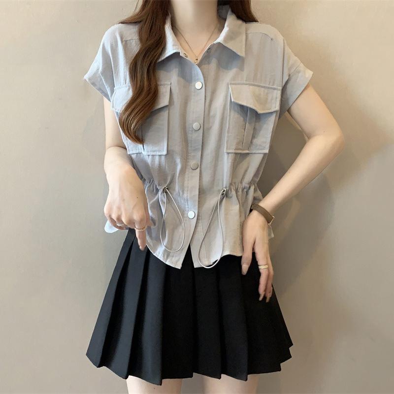 シャツ レディース 春夏 ゆったりサイズ 半袖 トップス ワークスタイル ブルー系 無地 ポロネック 体型カバー 普段使い