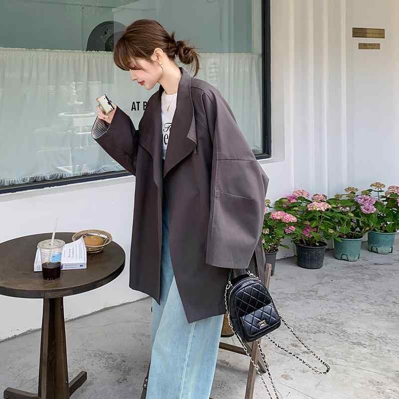 コート レディース 春秋 トレンチコート ミドル丈 立襟 英国風 カジュアル ゆったり ポリエステル 無地 長袖 इमेजカラー