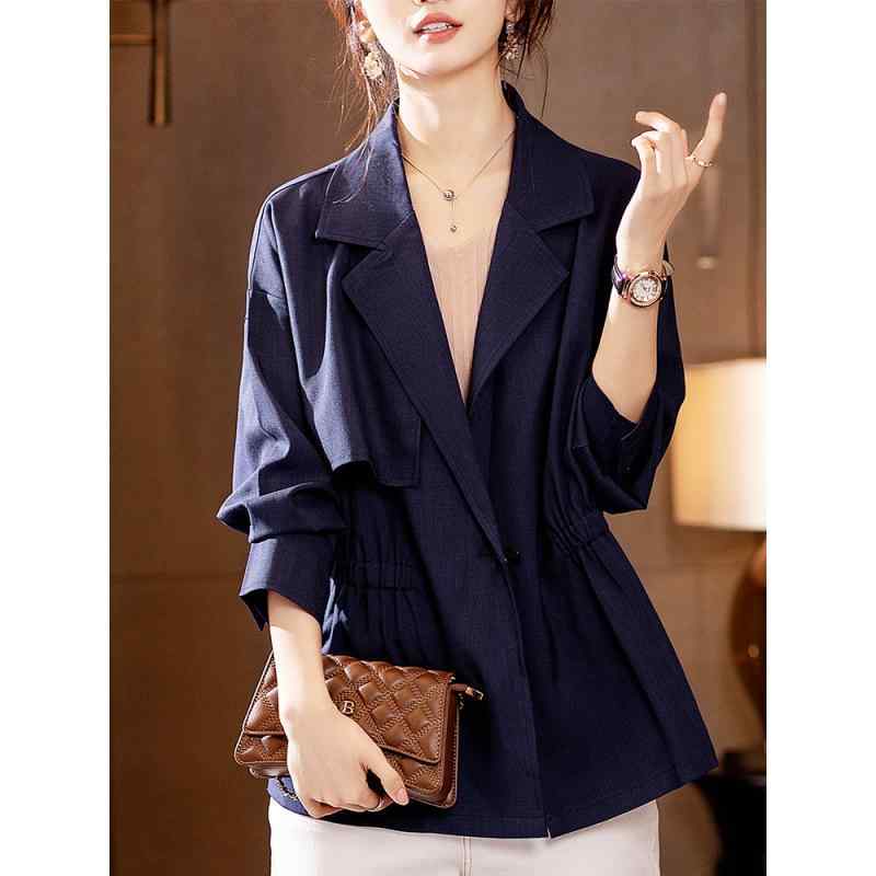 ジャケット レディース ウエストマーク アウター 春物 韓国風 ファッション トップス 紺色 カーキ色 長袖 スーツ襟 無地 ゆったり S M L XL 2XL 3XL 4XL