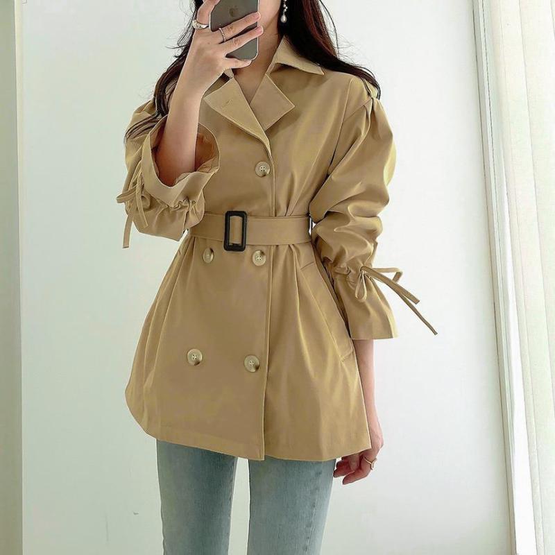 コート レディース 英国風 ポリエステル 絞り ウエスト Aラインシルエット フレア袖 無地 ダブルブレスト ミドル丈 アウター カーキ ブラック