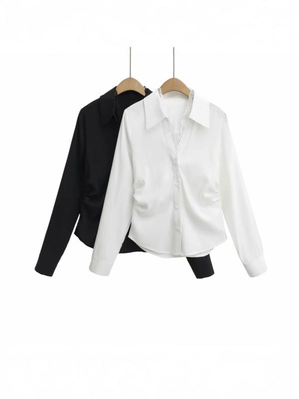 シャツ レディース 韓国風 レース 切り替え 長袖 スリムフィット コットン トップス ブラウス 白 黒