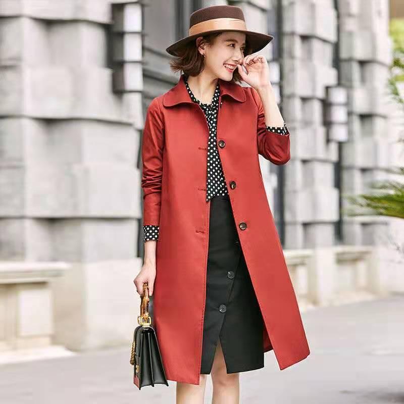 コート レディース 春秋 韓国風 ミドル丈 トレンチコート ポリエステル 方襟 長袖 Aライン ウエストマ..