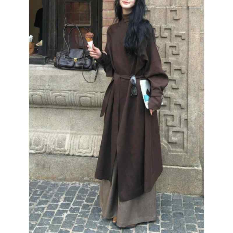 コート レディース ロング丈 レトロ 大柄 テーラード 秋冬 アウター ベルト付き ブラウン ポリエステル