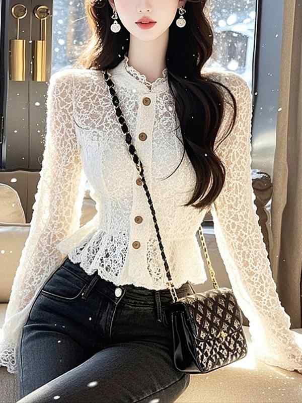 シャツ レディース 春夏 レースブラウス トップス 白 長袖 丸首 ポリエステル 普段使い 韓国風 かわいい きれいめ 通勤