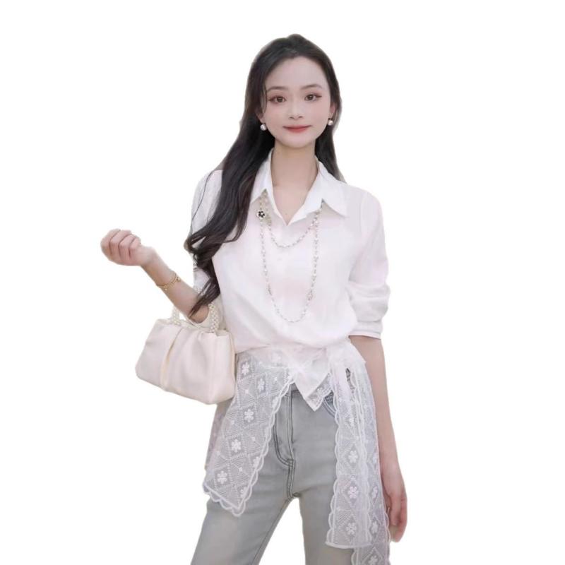 シャツ レディース レース ショール 長袖 トップス 春物 きれいめ ポロ襟 ゆったりサイズ 無地 ブルー ホワイト イエロー