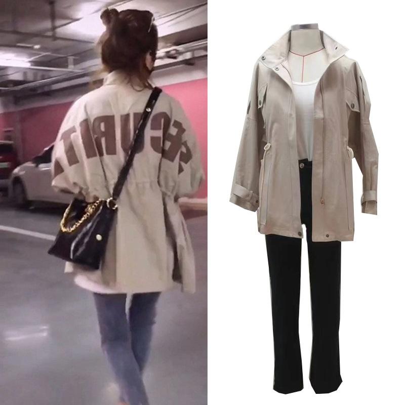 コート レディース 韓国風 ゆったり 立襟 プリント柄 春秋 ミドル丈 ウエストマーク カジュアル 綿 長袖 アウター