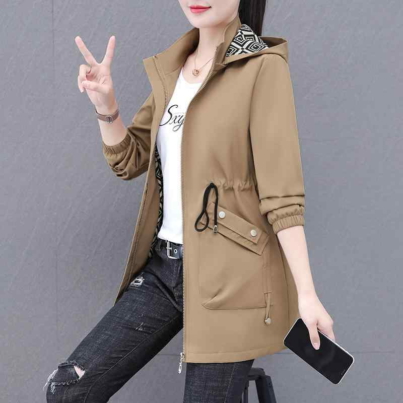 トレンチコート レディース 春秋 薄手 ミドル丈 ポリエステル カーキ オリーブ ブラック フード付き 韓国風 カジュアル