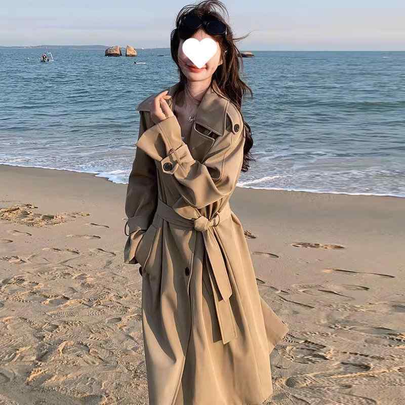 風衣 レディース ウエストマーク Aライン ロング丈 アウター カーキ色 無地 ポケット付き スプリングコート 通勤 きれいめ エレガント