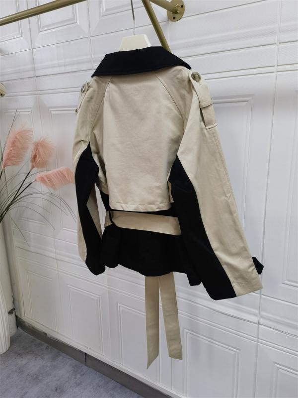 トレンチコート レディース 秋冬 配色 ショート丈 ウエストマーク 綿 長袖 きれいめ エレガント 通勤 ベージュ系 ブラック