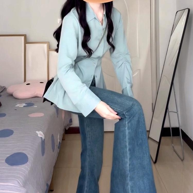 シャツ レディース 藍绿色 气质 ブラウス アウター 早秋向け 高級感 通勤着 法式 翻领 ポリエステル 长袖