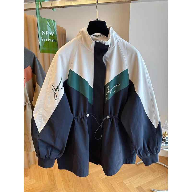 レディース アウター 配色 切り替え デザイン ゆったり カジュアル ブルゾン ジャンパー カーキ ネイビー 春秋 立襟 ドローストリング