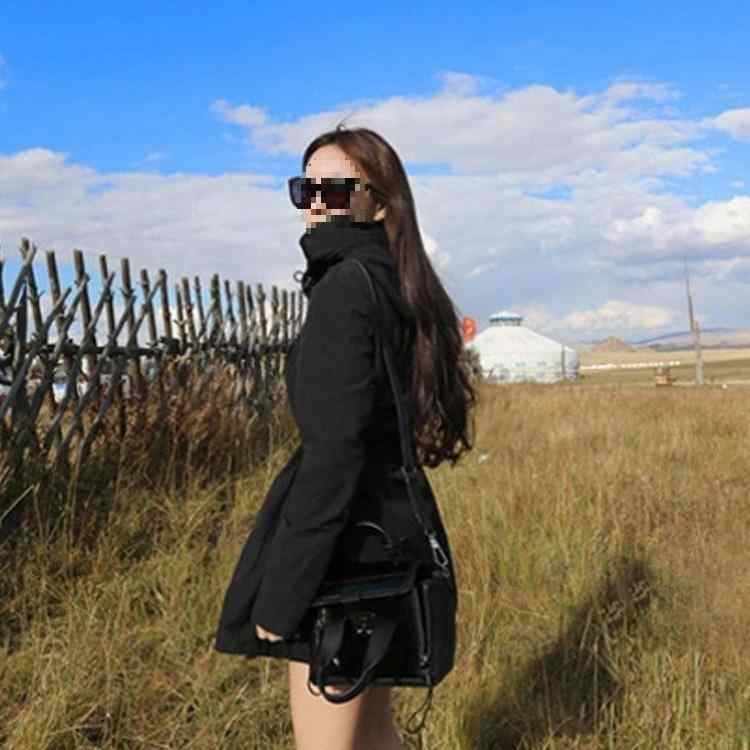 トレンチコート レディース 春秋物 韓国風 ミドル丈 トップス ゆったり フード付き ウエスト絞り 細見え カジュアル ブラック 黒