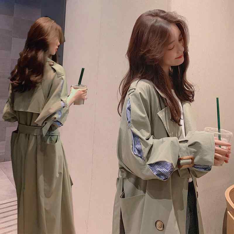 コート レディース 白 ホワイト ポリエステル ストライプ柄 ロング丈 スリムフィット ウエストマーク 長袖 ダブルブレスト テーラードカラー 抹茶グリーン エレガント スプリングコート