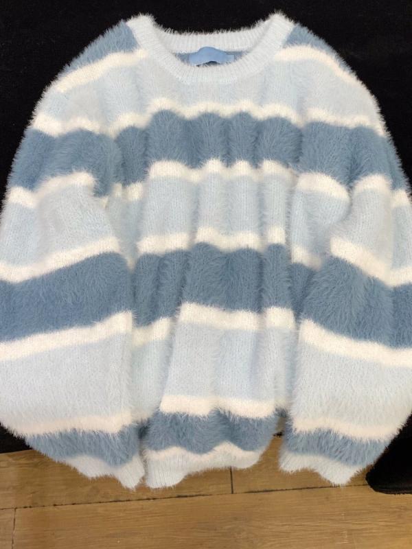 ニット レディース 撞色 ストライプ プルオーバー ゆったり 暖か ポリエステル 長袖 ラウンドネック かわいい 秋冬 M L XL XXL 奶藍色