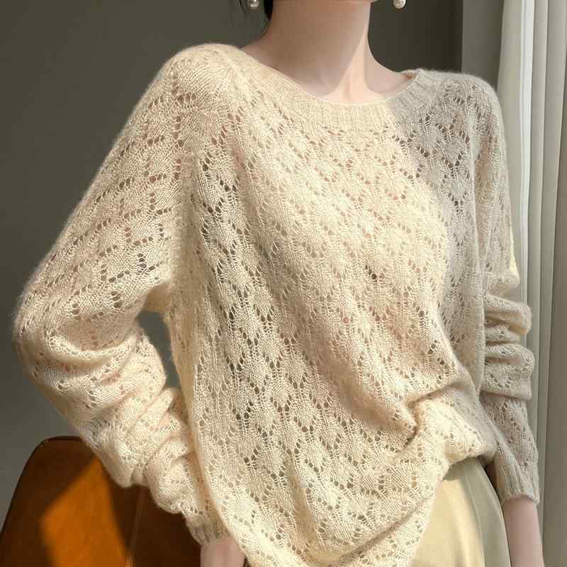 ニット レディース 77% カシミヤ 23% 桑 絹 シルク 透かし編み サマーニット 薄手 長袖 プルオーバー トップス ラウンドネック ゆったり 春夏 本青色 藕粉紫 浅灰色 米白色 野玫瑰